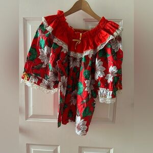 Vintage Festive Red Christmas Floral Off-Shoulder Blouse